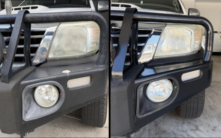 Before and after powder coat restoration on 4WD Bullbar. 