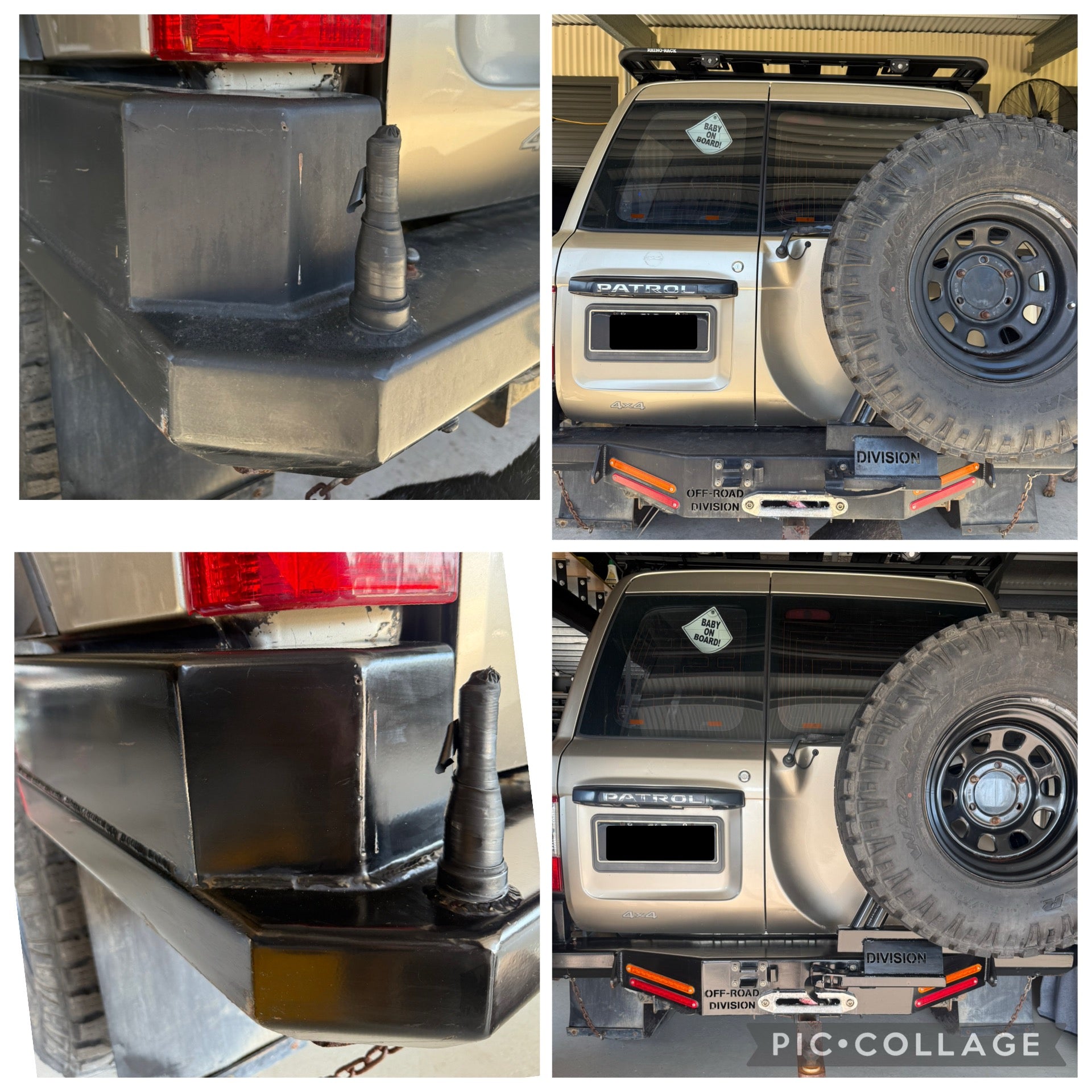Before and after powder coat restoration on Nissan Patrol Rear Bar and steel rim